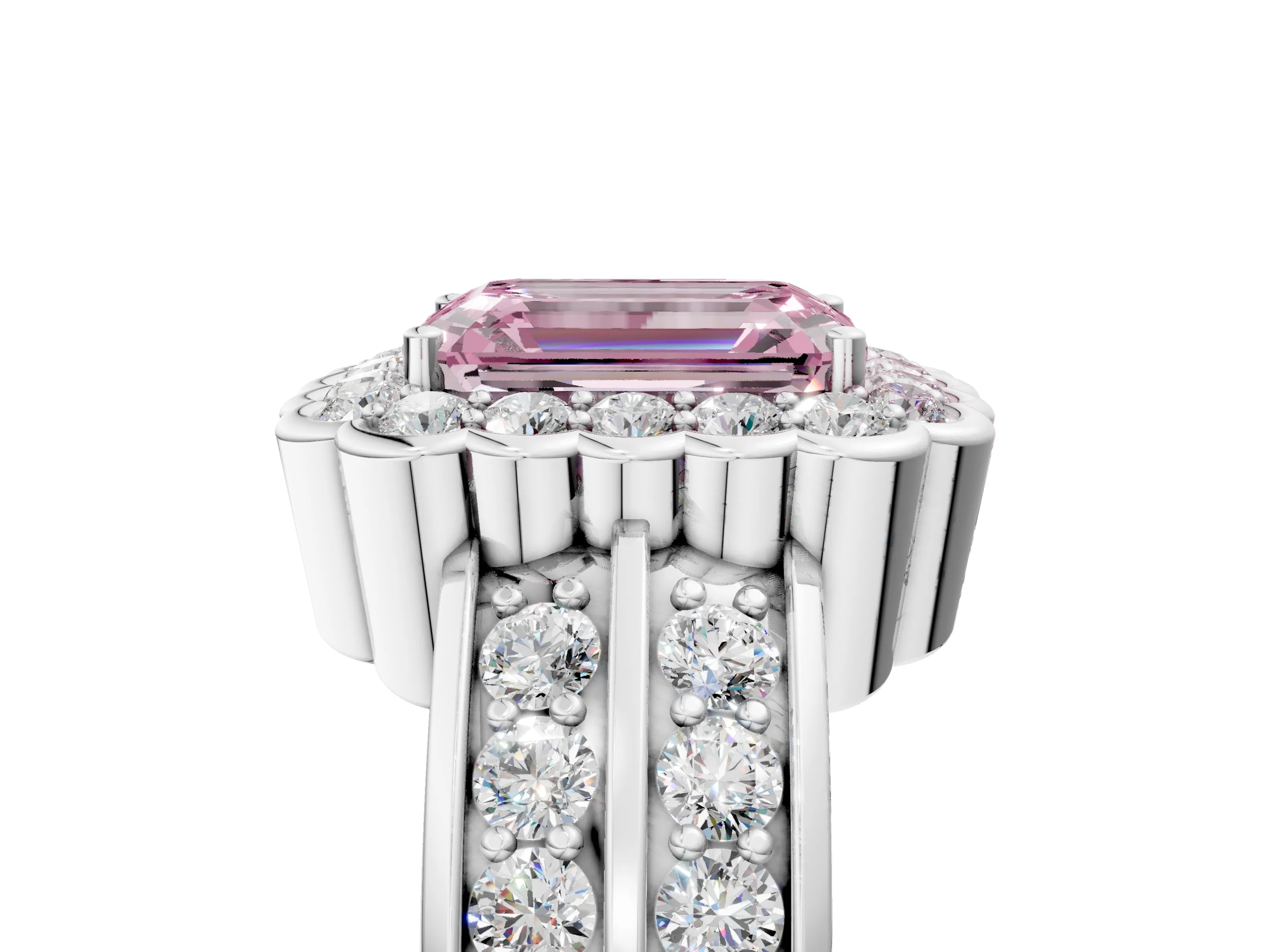White gold Fancy Pink Emerald Cut Halo Diamond Split Shank Ring with Scalloped Prong Setting_17