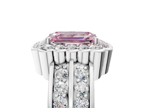 White gold Fancy Pink Emerald Cut Halo Diamond Split Shank Ring with Scalloped Prong Setting_17