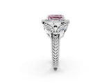 White gold Fancy Pink Emerald Cut Halo Milgrain Diamond Engagement Ring with Leaf Band and Four-Prong Setting_2