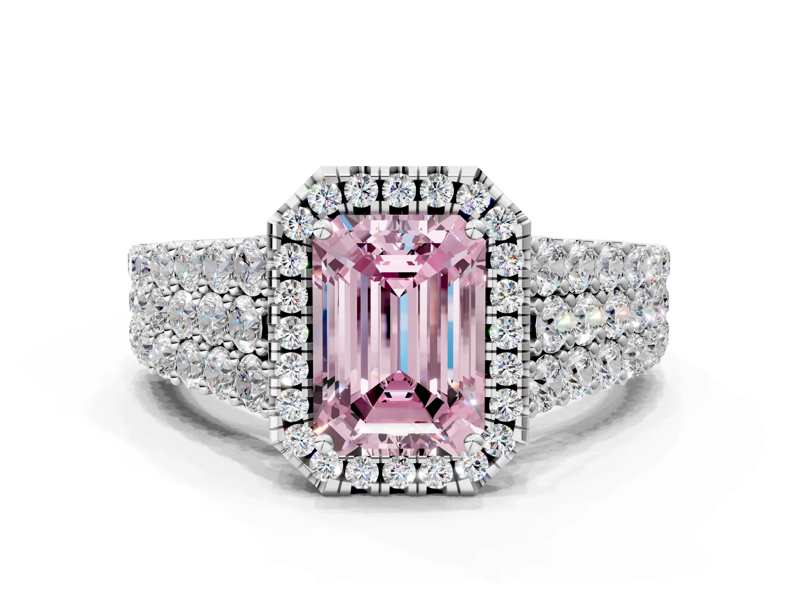 White gold Fancy Pink Emerald Cut Halo Pavé Diamond Engagement Ring with Split Shank and Four-Prong Setting_3