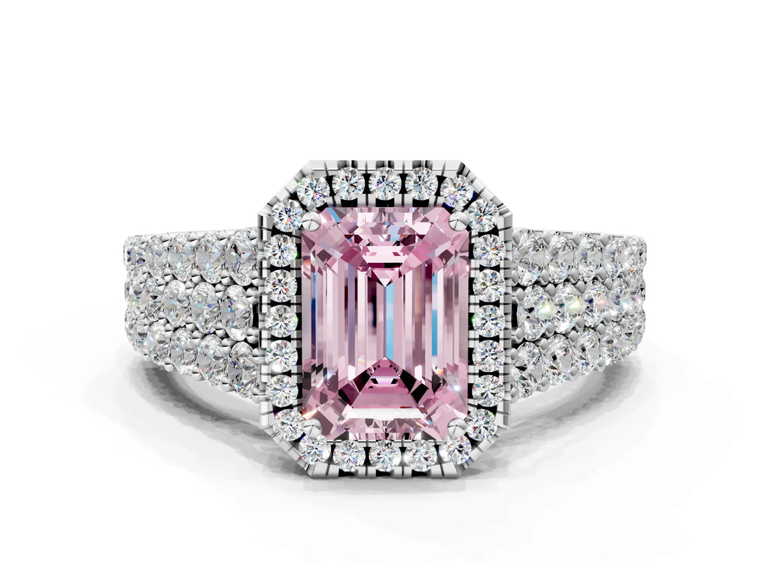 White gold Fancy Pink Emerald Cut Halo Pavé Diamond Engagement Ring with Split Shank and Four-Prong Setting_3