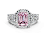 White gold Fancy Pink Emerald Cut Halo Pavé Diamond Engagement Ring with Split Shank and Four-Prong Setting_3