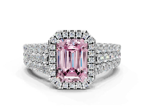 White gold Fancy Pink Emerald Cut Halo Pavé Diamond Engagement Ring with Split Shank and Four-Prong Setting_3