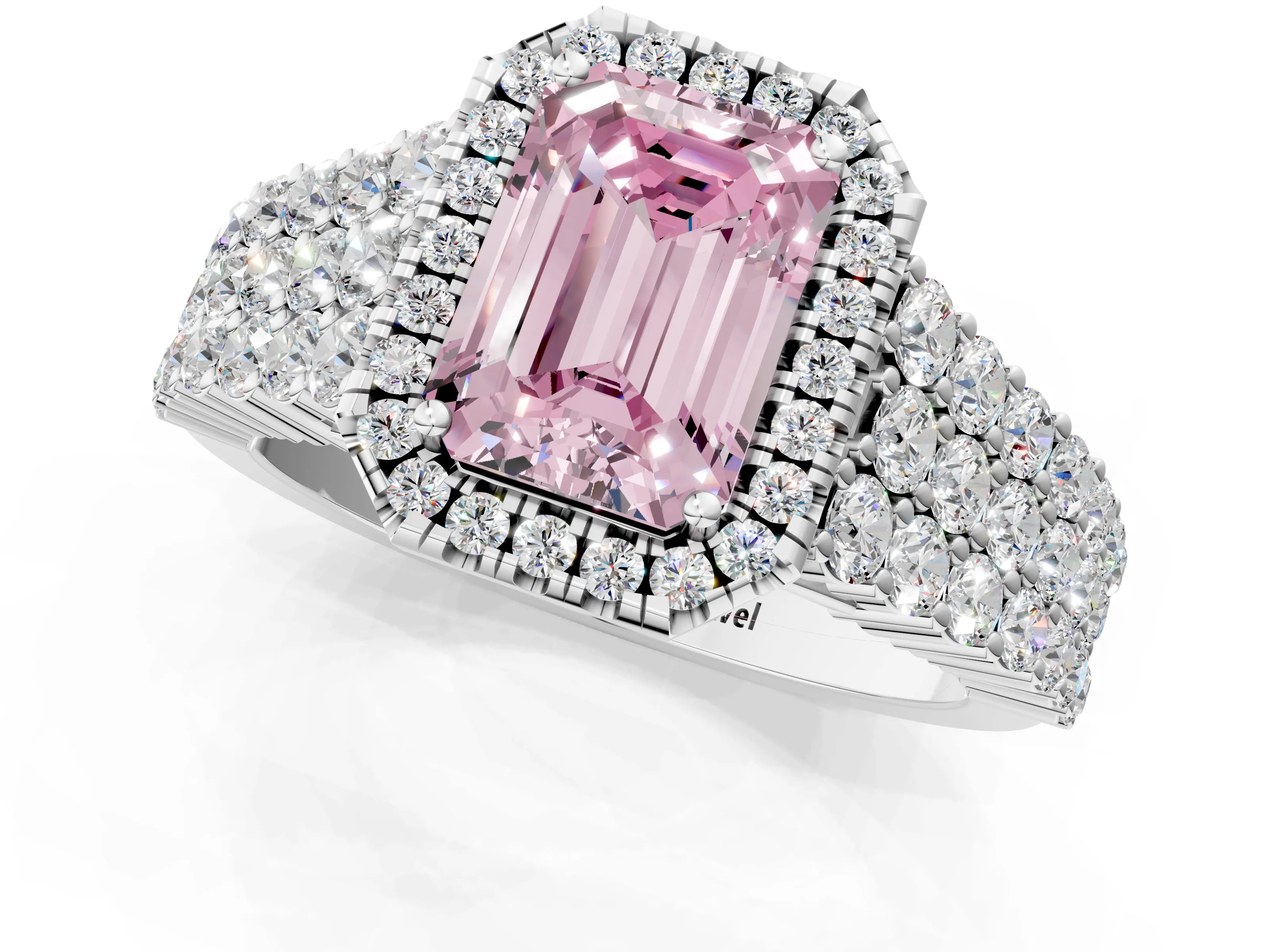 White gold Fancy Pink Emerald Cut Halo Pavé Diamond Engagement Ring with Split Shank and Four-Prong Setting_4