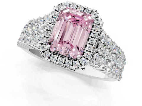 White gold Fancy Pink Emerald Cut Halo Pavé Diamond Engagement Ring with Split Shank and Four-Prong Setting_4