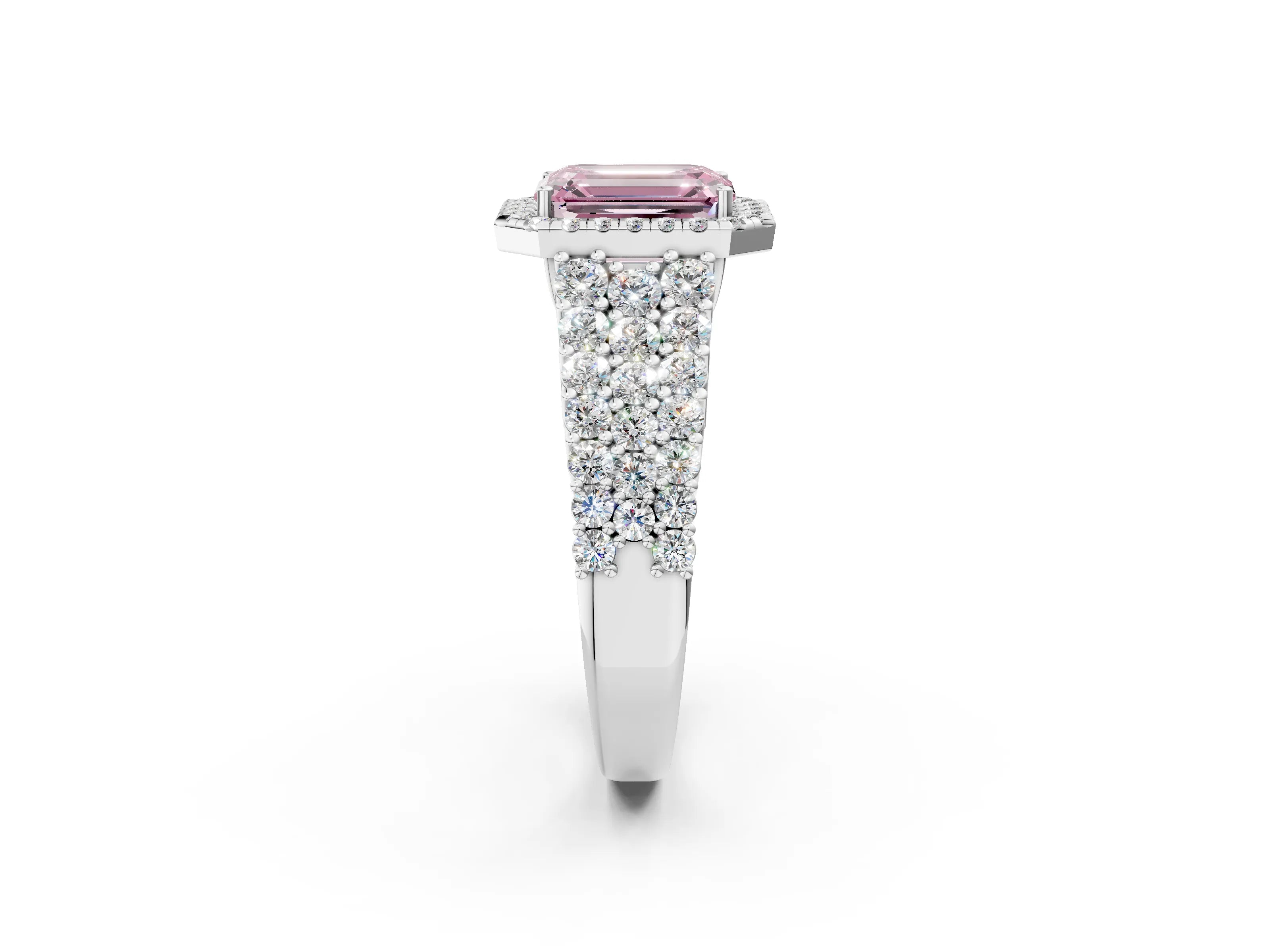 White gold Fancy Pink Emerald Cut Halo Pavé Diamond Engagement Ring with Split Shank and Four-Prong Setting_5