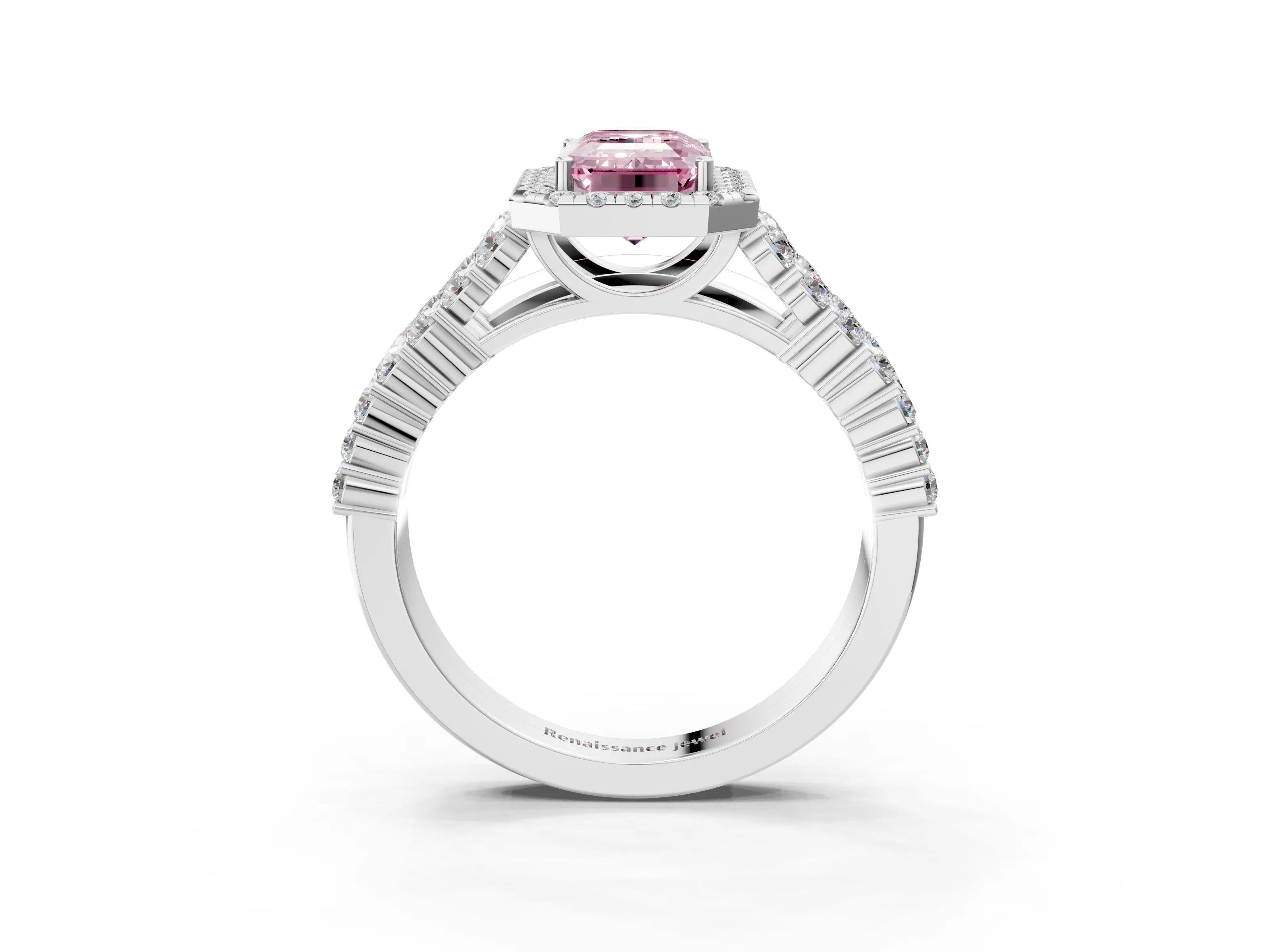 White gold Fancy Pink Emerald Cut Halo Pavé Diamond Engagement Ring with Split Shank and Four-Prong Setting_6