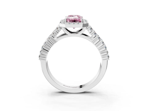 White gold Fancy Pink Emerald Cut Halo Pavé Diamond Engagement Ring with Split Shank and Four-Prong Setting_6