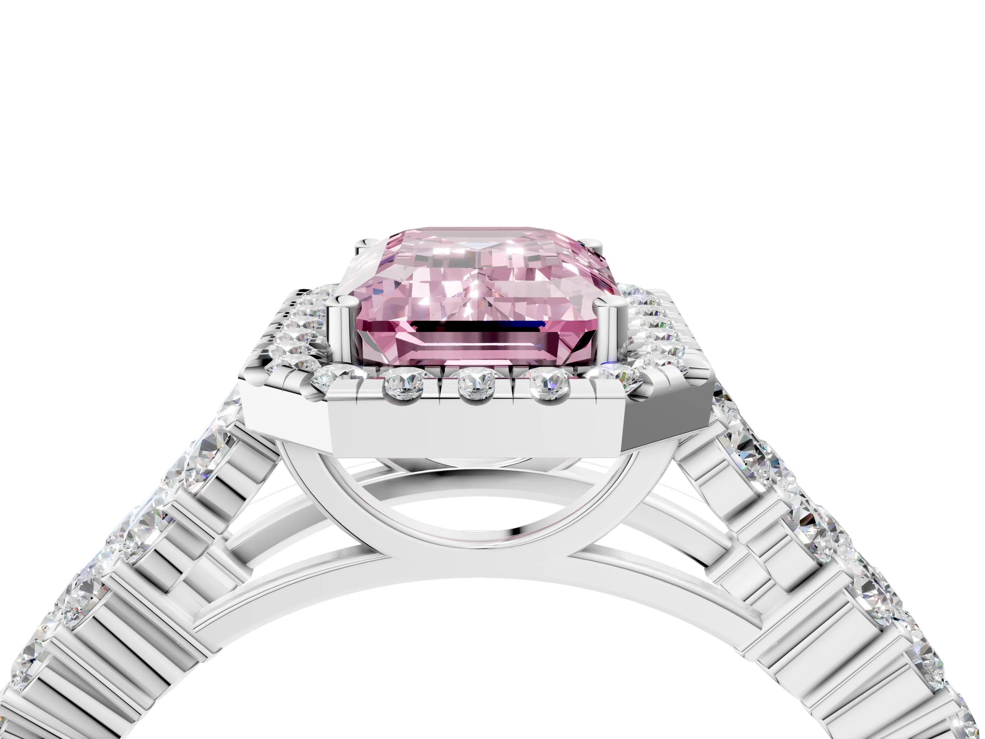 White gold Fancy Pink Emerald Cut Halo Pavé Diamond Engagement Ring with Split Shank and Four-Prong Setting_7