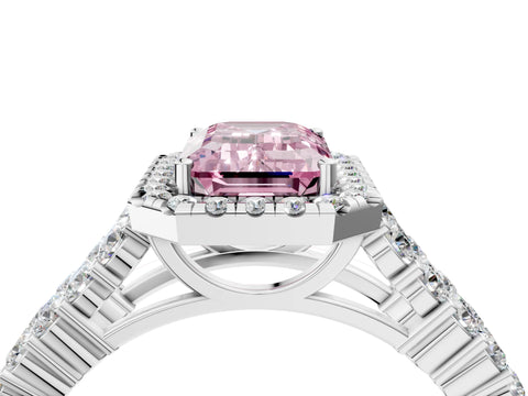 White gold Fancy Pink Emerald Cut Halo Pavé Diamond Engagement Ring with Split Shank and Four-Prong Setting_7