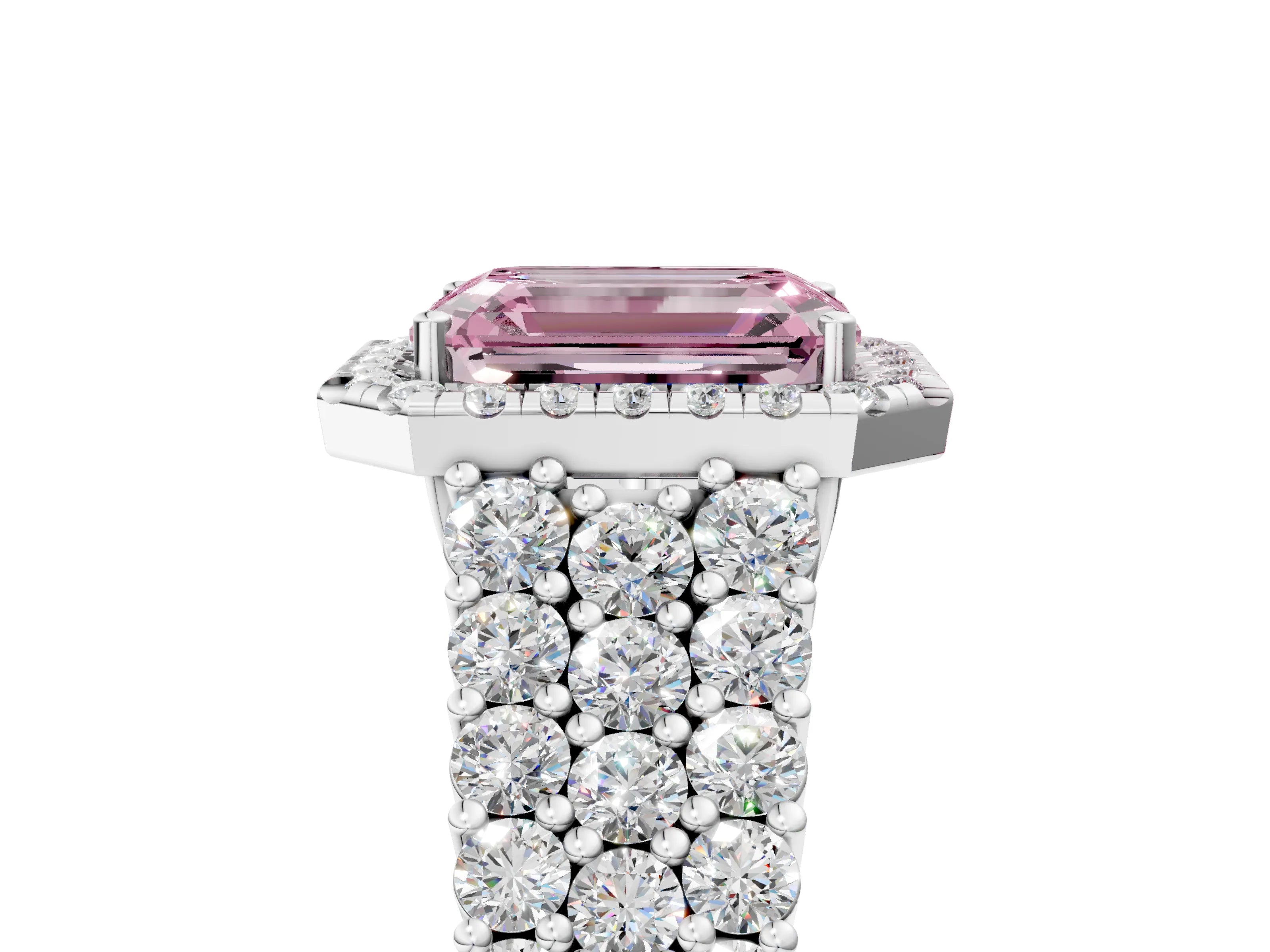 White gold Fancy Pink Emerald Cut Halo Pavé Diamond Engagement Ring with Split Shank and Four-Prong Setting_8
