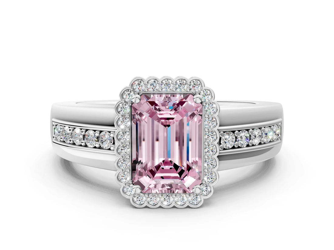 White gold Fancy Pink Emerald  Cut Halo Pave Band Four-Prong Ring_48