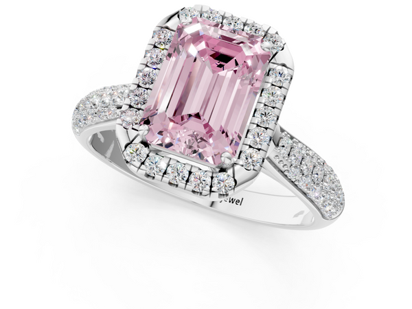 Platinum Fancy Pink Emerald  Cut Halo Pave Band Four-Prong Setting Ring