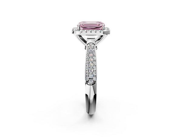 Platinum Fancy Pink Emerald  Cut Halo Pave Band Four-Prong Setting Ring
