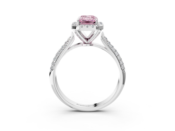 Platinum Fancy Pink Emerald  Cut Halo Pave Band Four-Prong Setting Ring