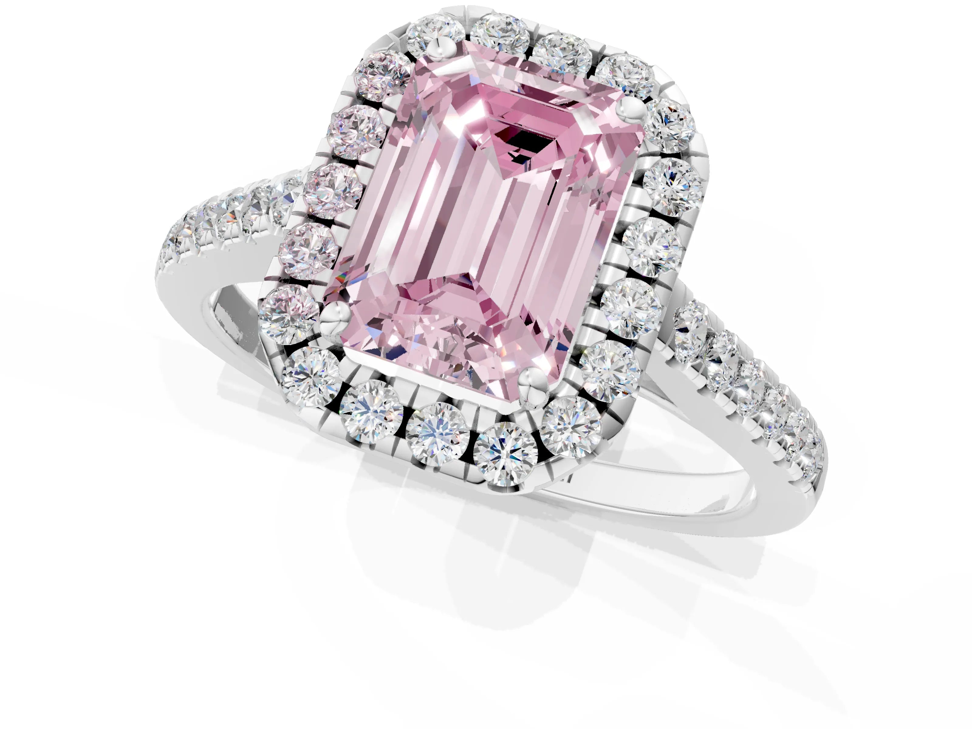 White gold Fancy Pink Emerald Cut Halo Pave Diamond Engagement Ring with Four-Prong Setting_1