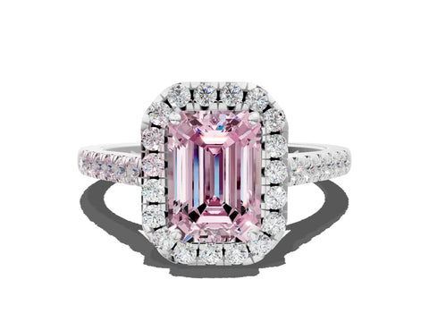 White gold Fancy Pink Emerald Cut Halo Pave Diamond Engagement Ring with Four-Prong Setting