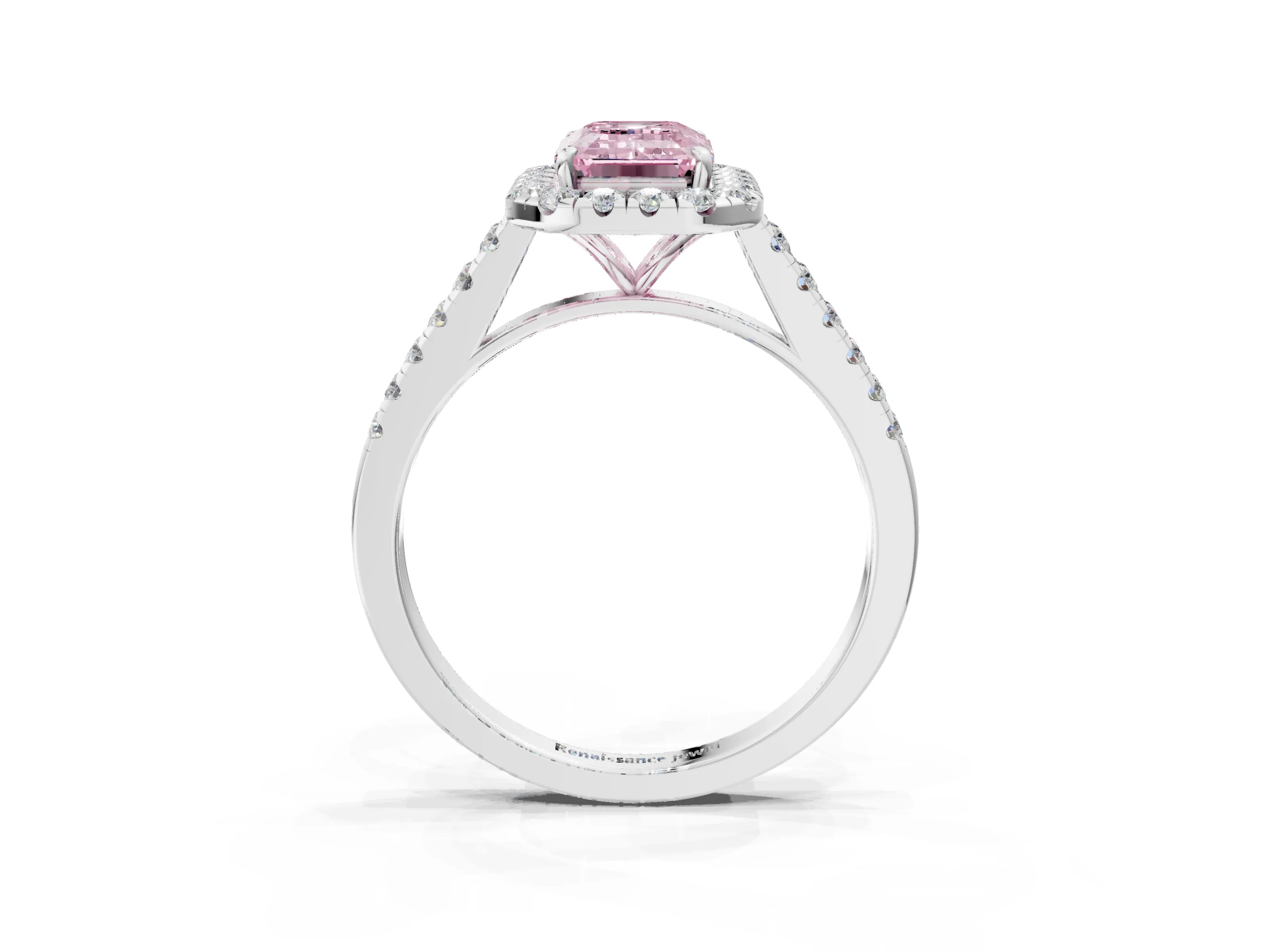 White gold Fancy Pink Emerald Cut Halo Pave Diamond Engagement Ring with Four-Prong Setting_3