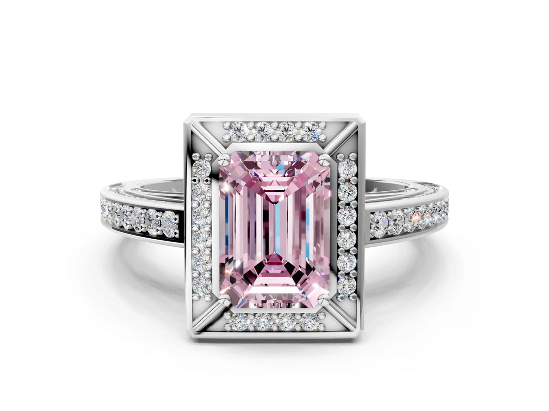 White gold Fancy Pink Emerald  Cut Halo Pave Split Shank Prong Setting Ring_33