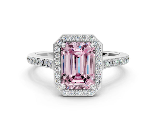 Platinum Fancy Pink Emerald Cut Halo Round Diamond Pavé Band with Four-Prong Setting