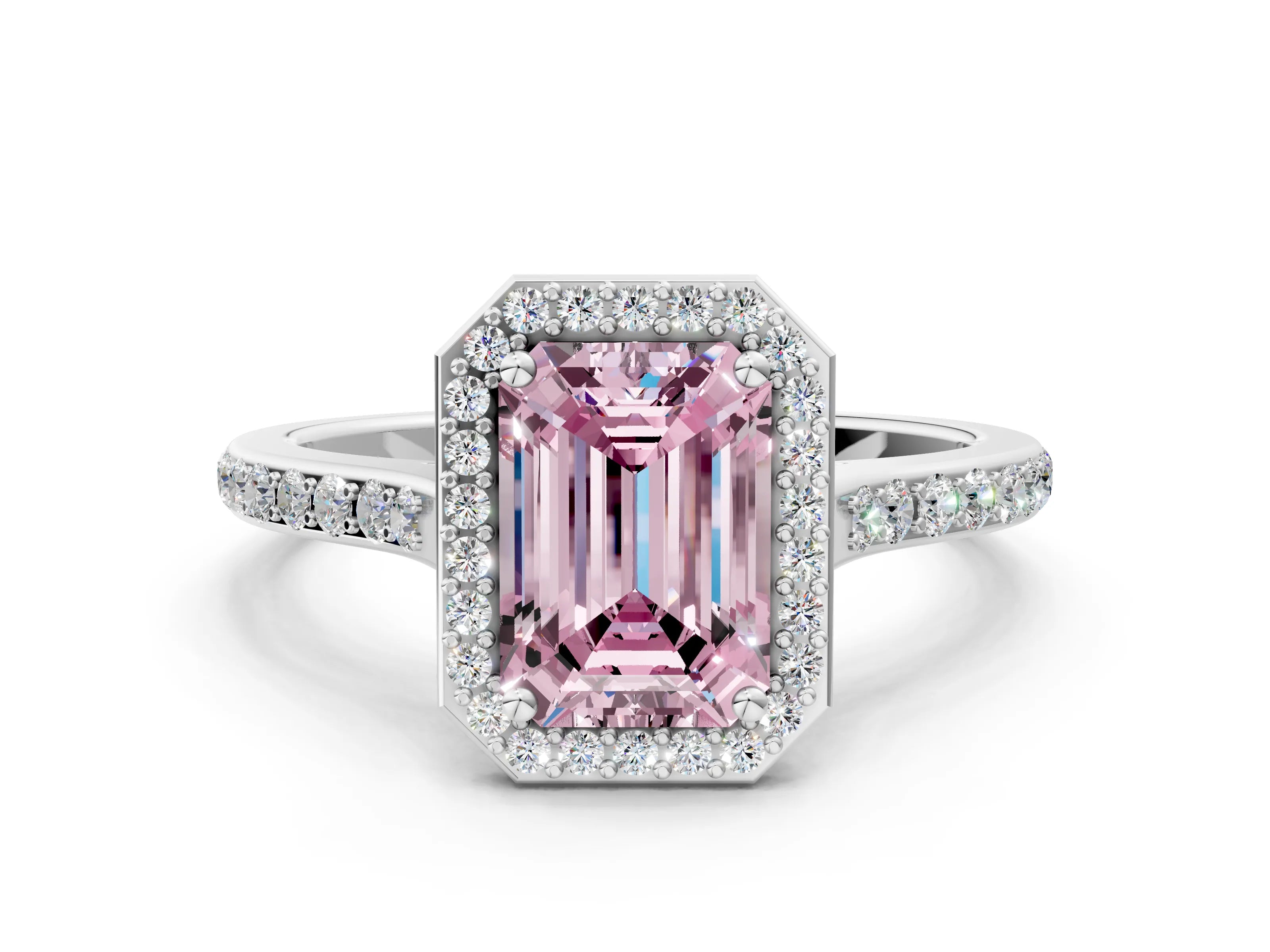 White gold Fancy Pink Emerald Cut Halo Round Diamond Pavé Band with Four-Prong Setting_27