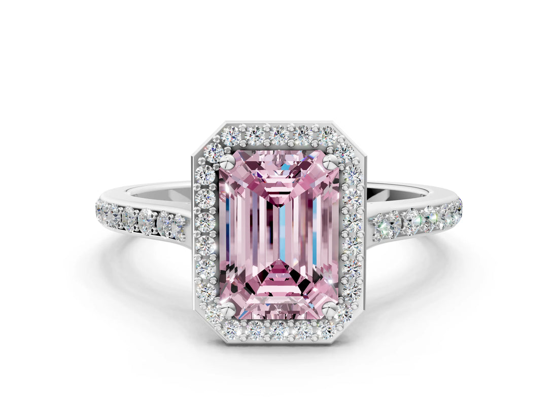 White gold Fancy Pink Emerald Cut Halo Round Diamond Pavé Band with Four-Prong Setting_27
