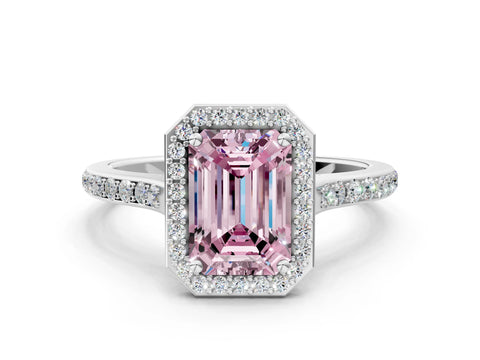 White gold Fancy Pink Emerald Cut Halo Round Diamond Pavé Band with Four-Prong Setting_27