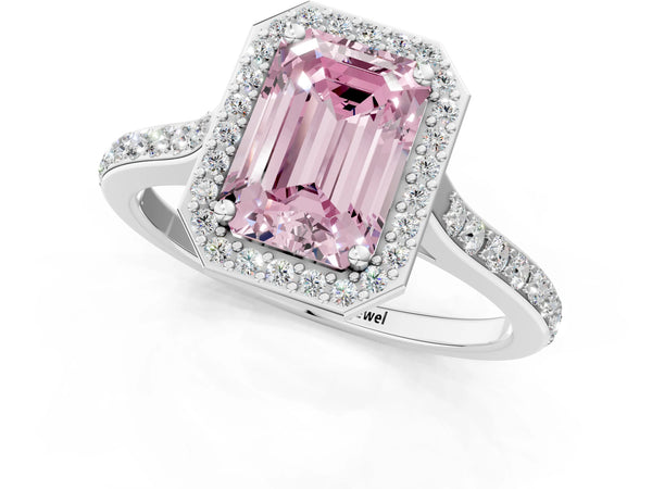 Platinum Fancy Pink Emerald Cut Halo Round Diamond Pavé Band with Four-Prong Setting