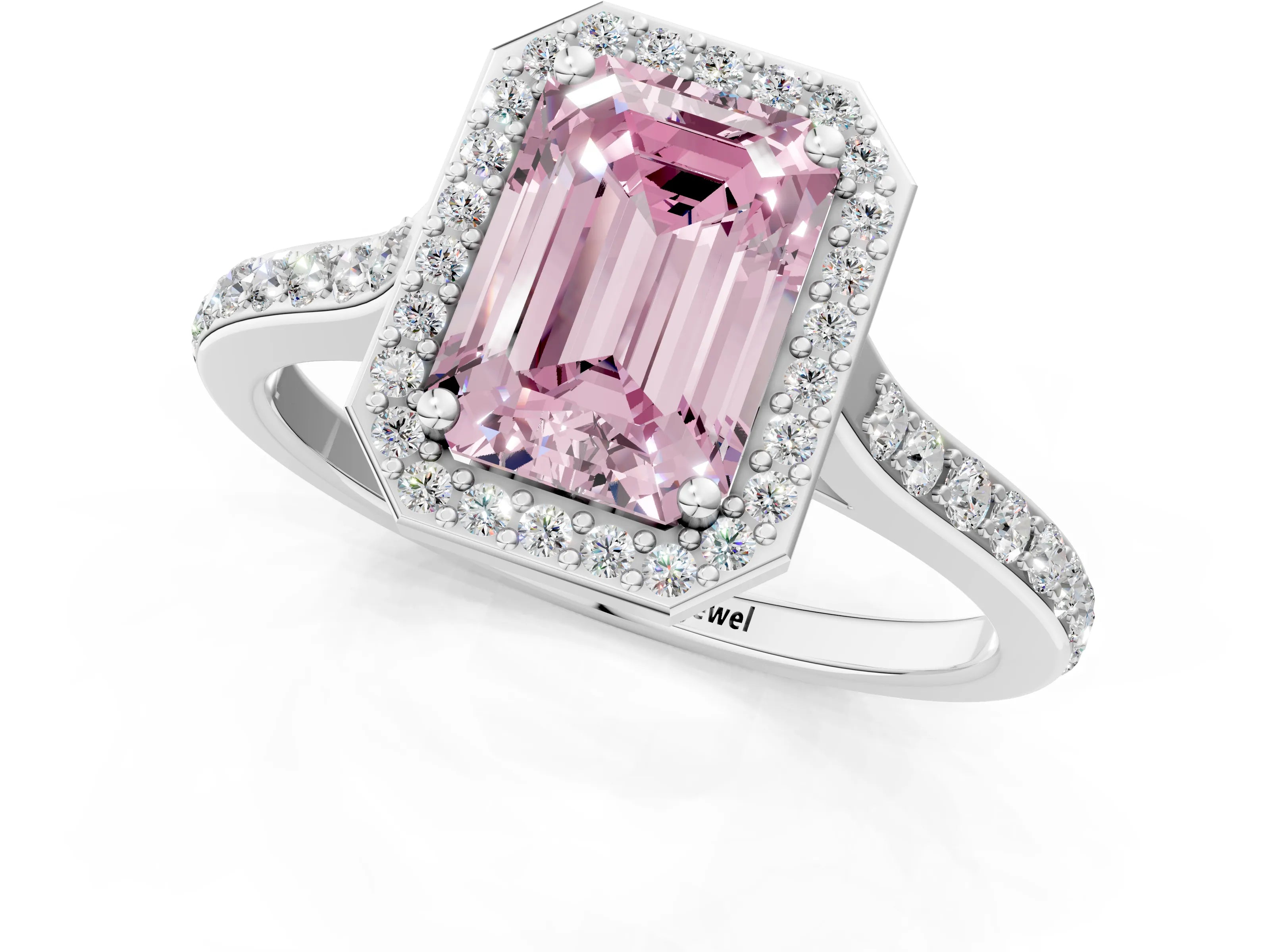 White gold Fancy Pink Emerald Cut Halo Round Diamond Pavé Band with Four-Prong Setting_28
