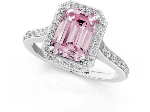 White gold Fancy Pink Emerald Cut Halo Round Diamond Pavé Band with Four-Prong Setting_28