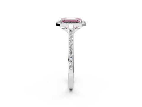 White gold Fancy Pink Emerald Cut Halo Round Diamond Pavé Band with Four-Prong Setting_29