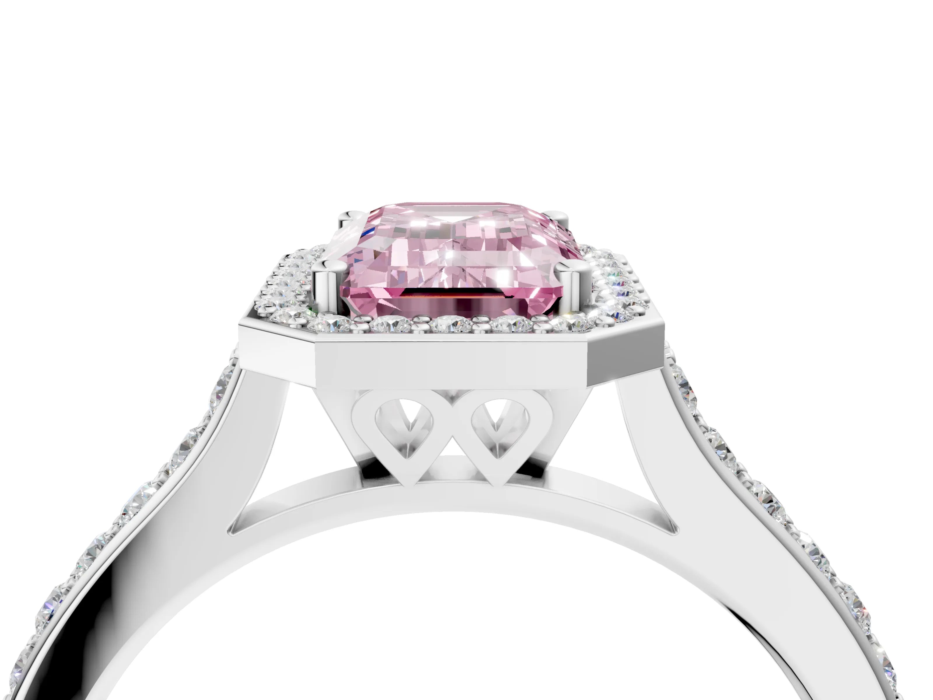 White gold Fancy Pink Emerald Cut Halo Round Diamond Pavé Band with Four-Prong Setting_31