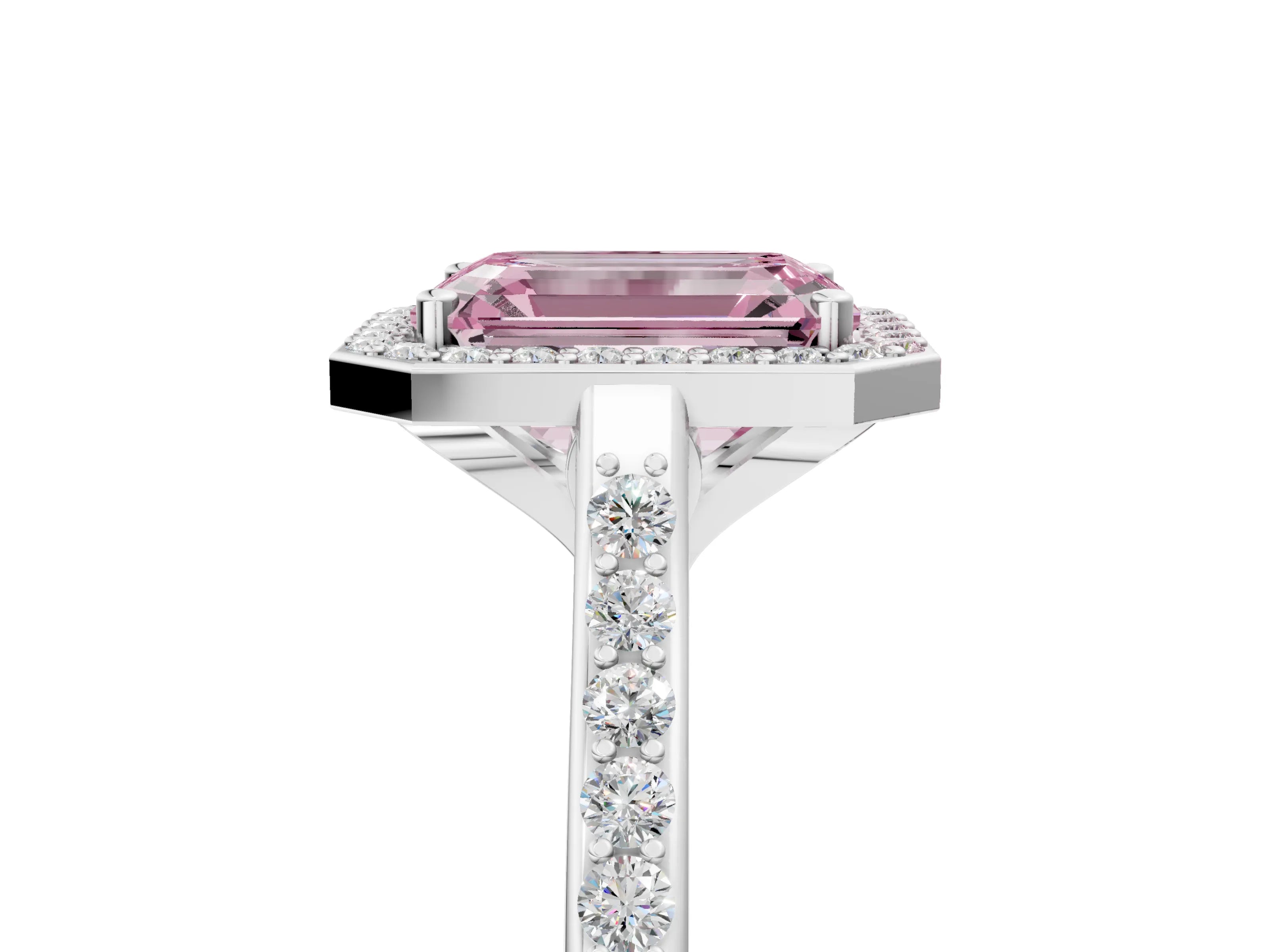 White gold Fancy Pink Emerald Cut Halo Round Diamond Pavé Band with Four-Prong Setting_32