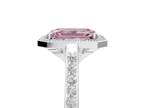 White gold Fancy Pink Emerald Cut Halo Round Diamond Pavé Band with Four-Prong Setting_32