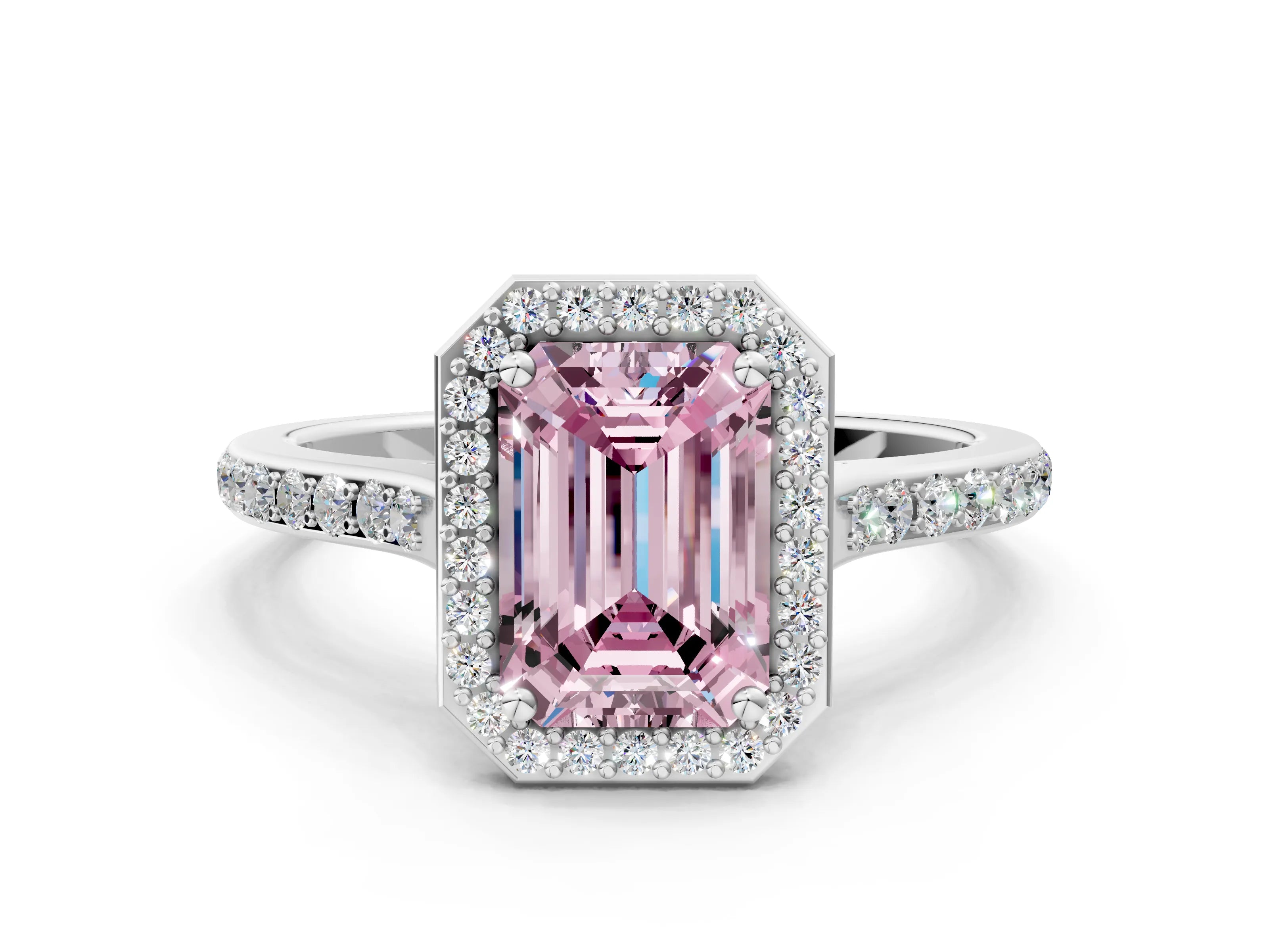 White gold Fancy Pink Emerald Cut Halo Round Diamond Pavé Band with Four-Prong Setting_39