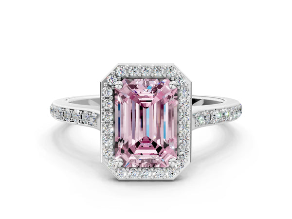 Platinum Fancy Pink Emerald Cut Halo Round Diamond Pavé Band with Four-Prong Setting
