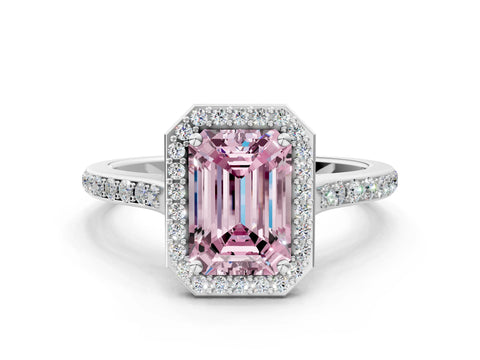White gold Fancy Pink Emerald Cut Halo Round Diamond Pavé Band with Four-Prong Setting_39