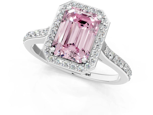 Platinum Fancy Pink Emerald Cut Halo Round Diamond Pavé Band with Four-Prong Setting