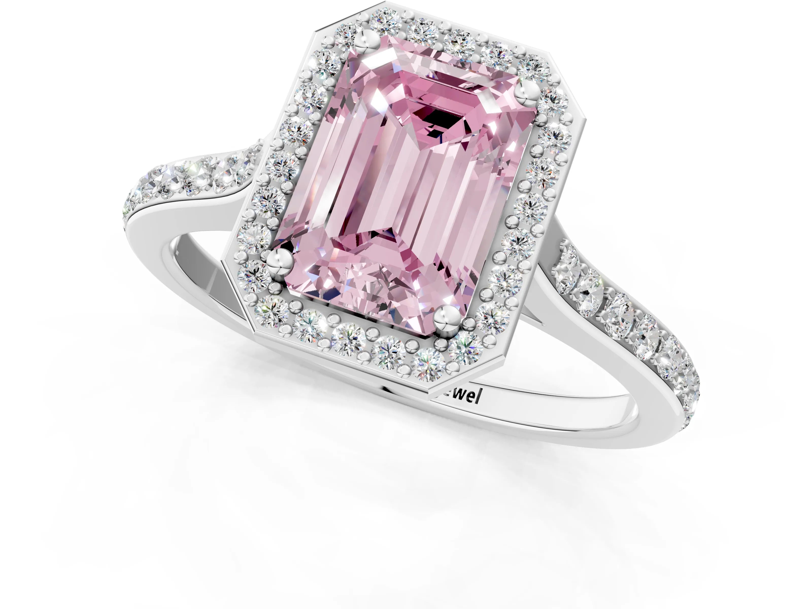 White gold Fancy Pink Emerald Cut Halo Round Diamond Pavé Band with Four-Prong Setting_40