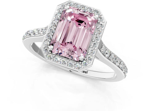 White gold Fancy Pink Emerald Cut Halo Round Diamond Pavé Band with Four-Prong Setting_40