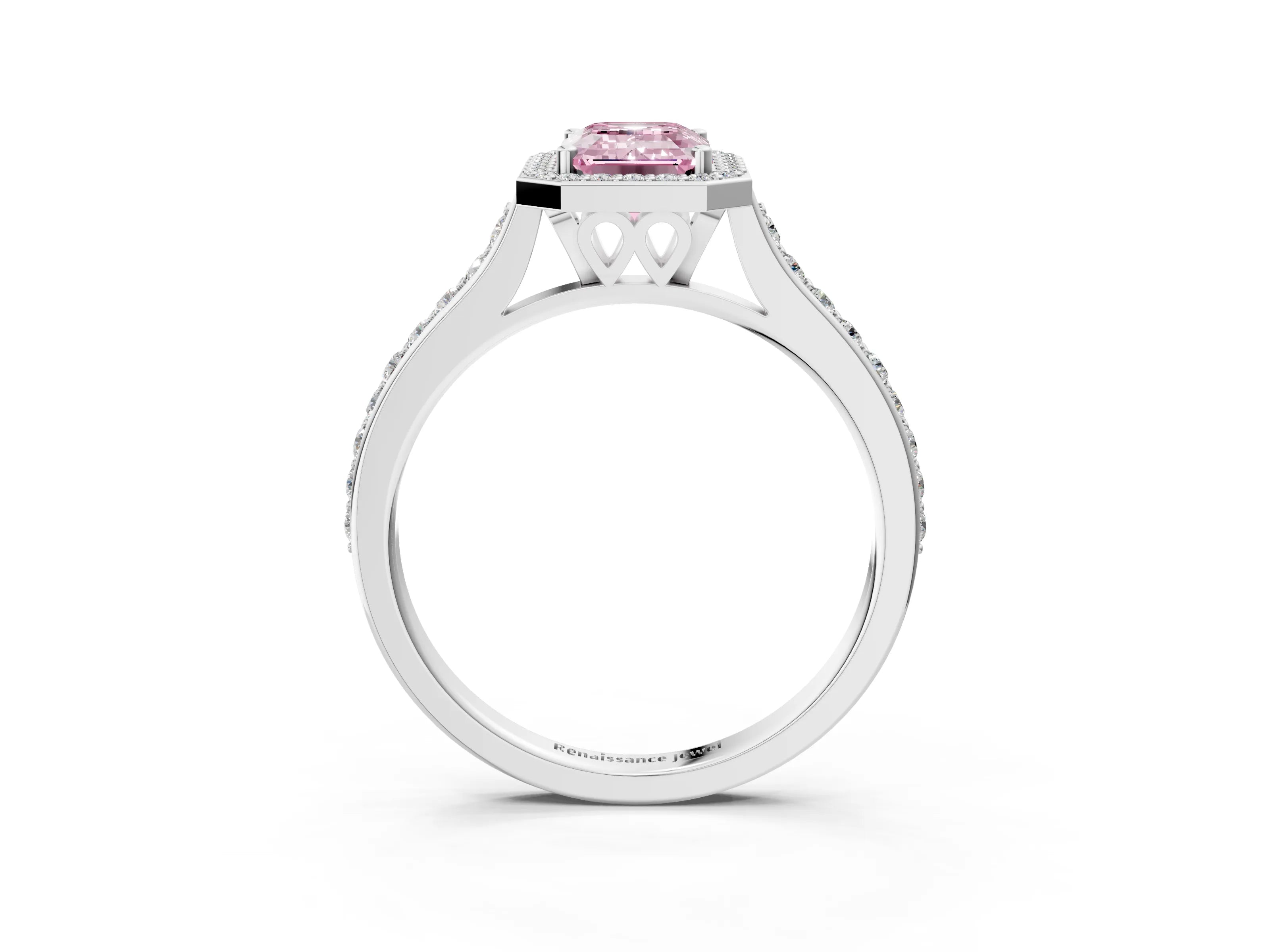 White gold Fancy Pink Emerald Cut Halo Round Diamond Pavé Band with Four-Prong Setting_42
