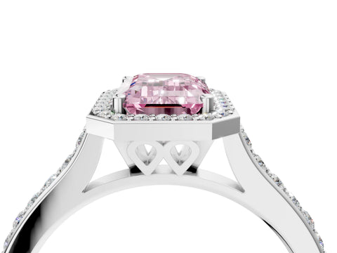 White gold Fancy Pink Emerald Cut Halo Round Diamond Pavé Band with Four-Prong Setting_43