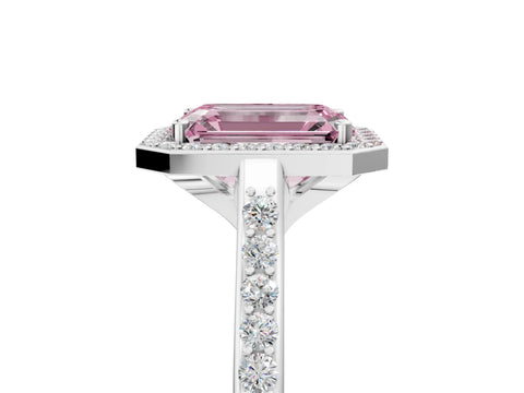 White gold Fancy Pink Emerald Cut Halo Round Diamond Pavé Band with Four-Prong Setting_44
