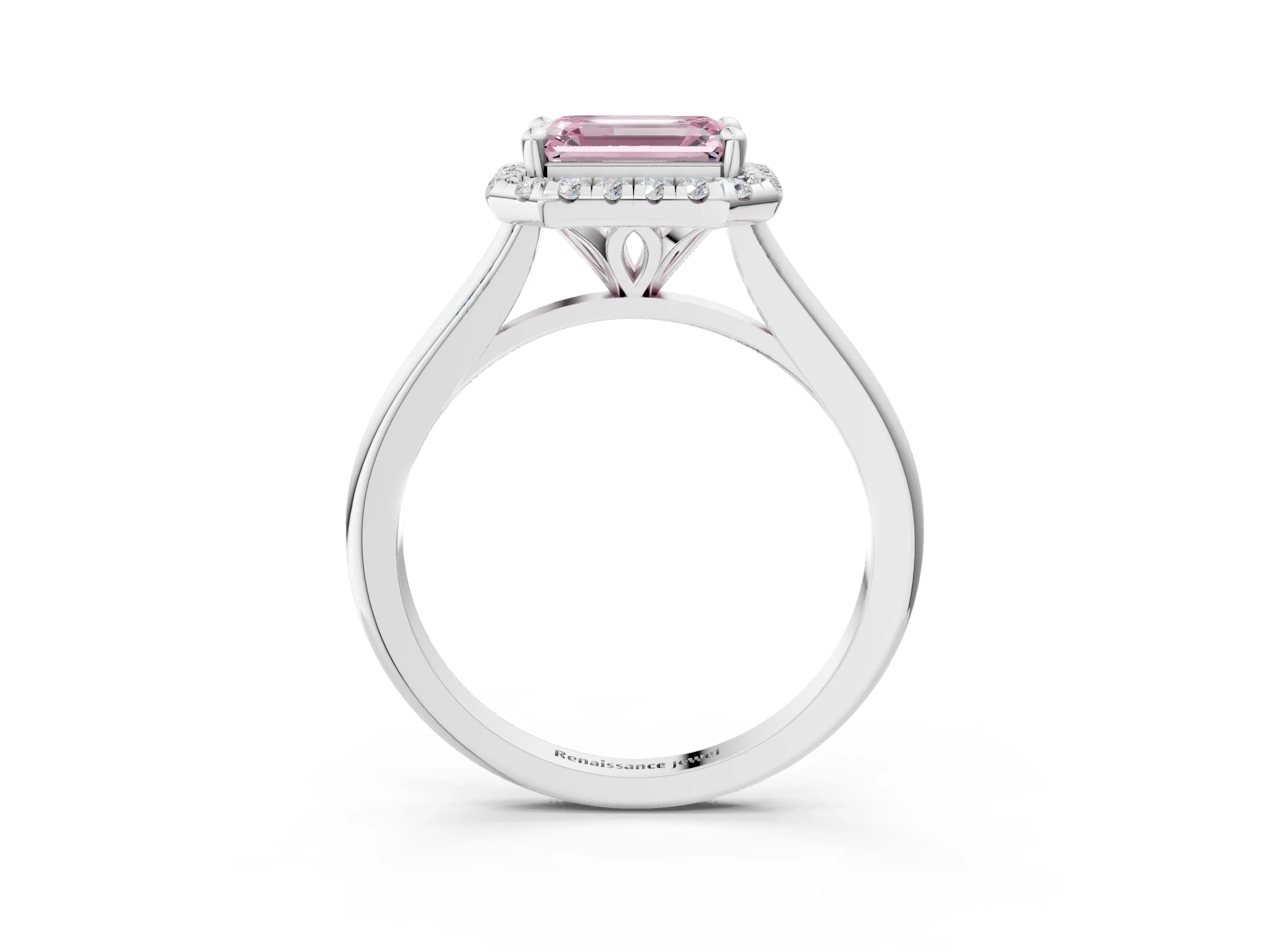 White gold Fancy Pink Emerald Cut Halo Round Diamond Solitaire Engagement Ring with Pave Band and Four-Prong Setting_15