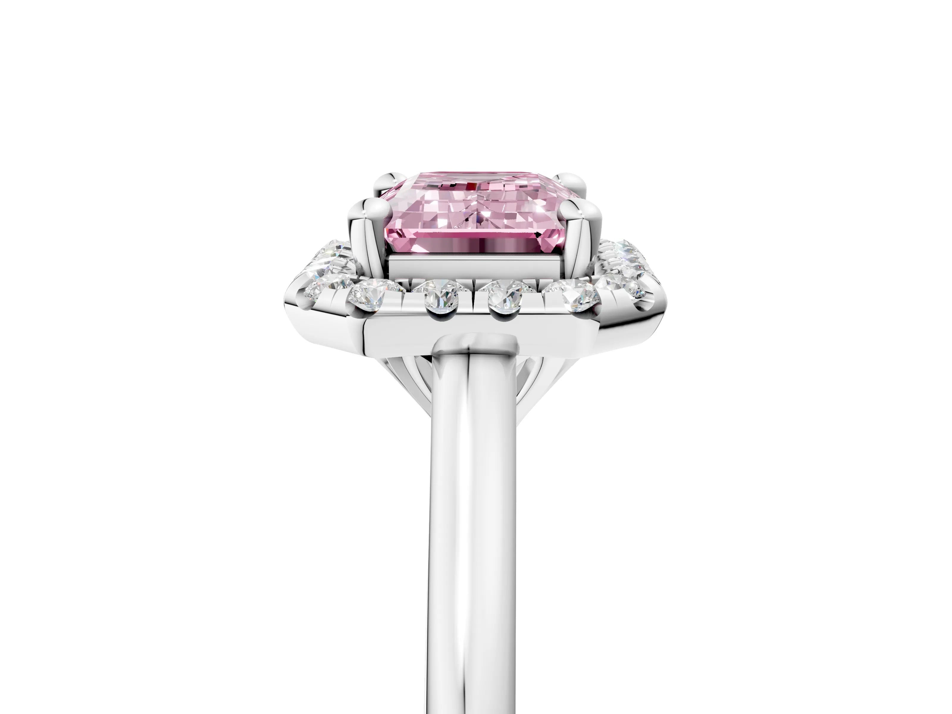 White gold Fancy Pink Emerald Cut Halo Round Diamond Solitaire Engagement Ring with Pave Band and Four-Prong Setting_17