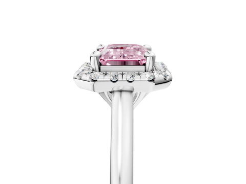 White gold Fancy Pink Emerald Cut Halo Round Diamond Solitaire Engagement Ring with Pave Band and Four-Prong Setting_17