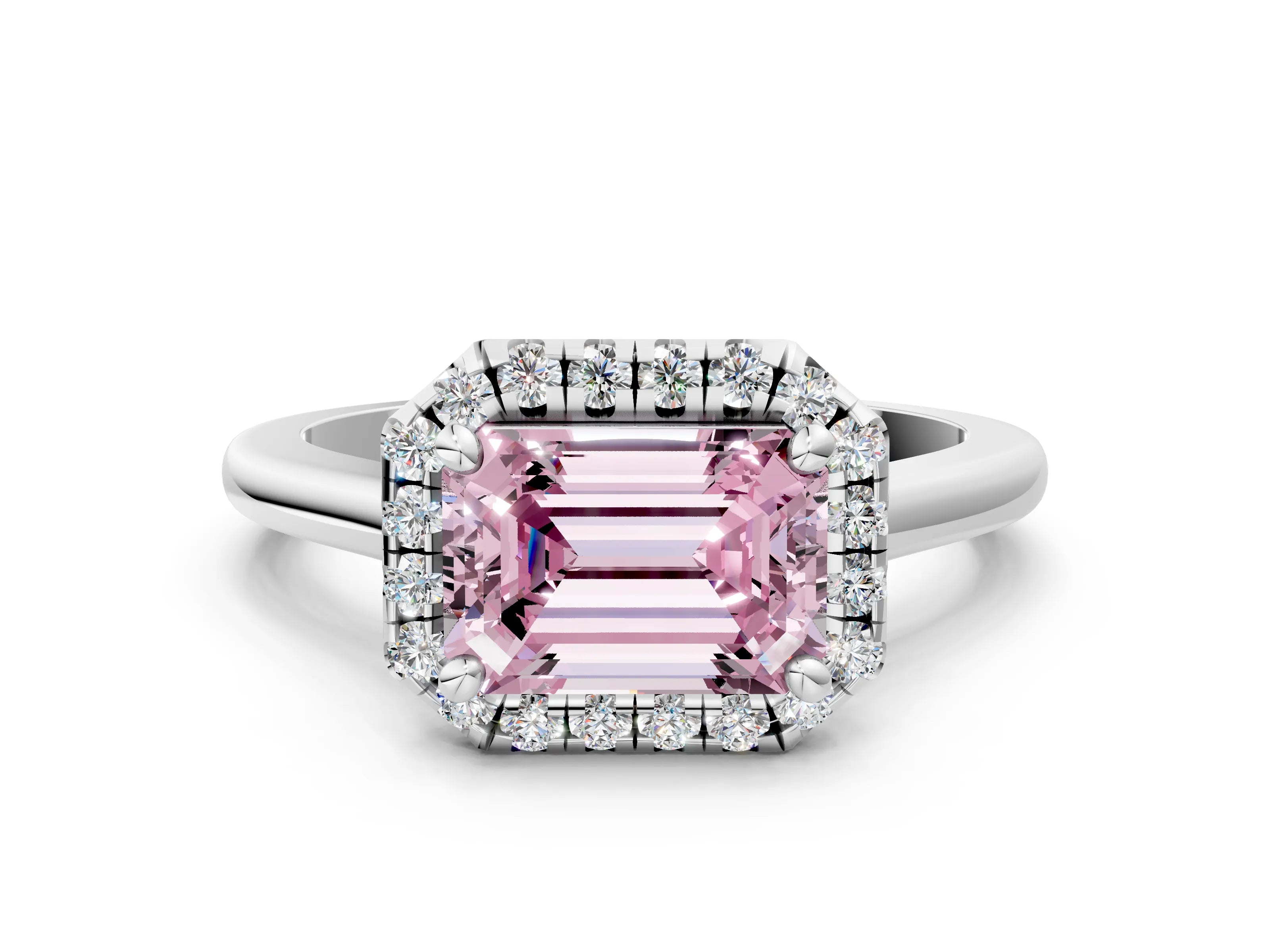 White gold Fancy Pink Emerald Cut Halo Round Diamond Solitaire Engagement Ring with Pave Band and Four-Prong Setting_24
