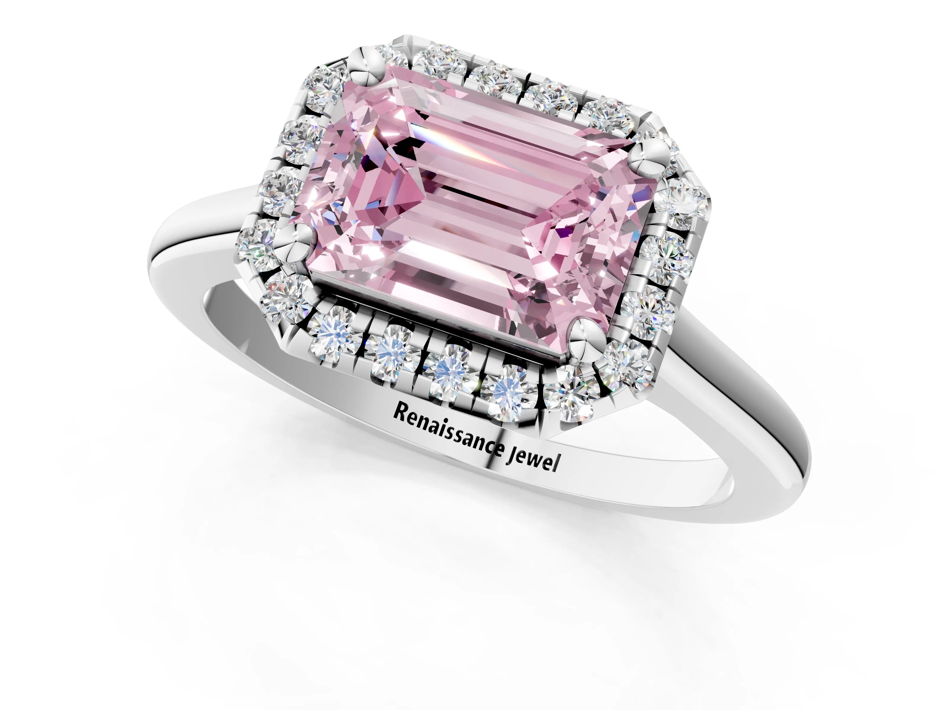 White gold Fancy Pink Emerald Cut Halo Round Diamond Solitaire Engagement Ring with Pave Band and Four-Prong Setting_25