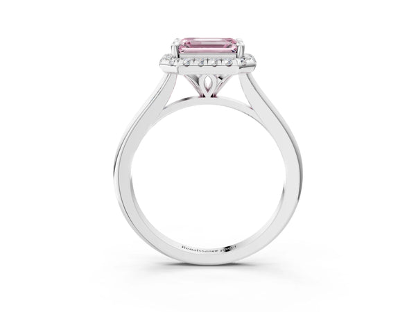Platinum Fancy Pink Emerald Cut Halo Round Diamond Solitaire Engagement Ring with Pave Band and Four-Prong Setting