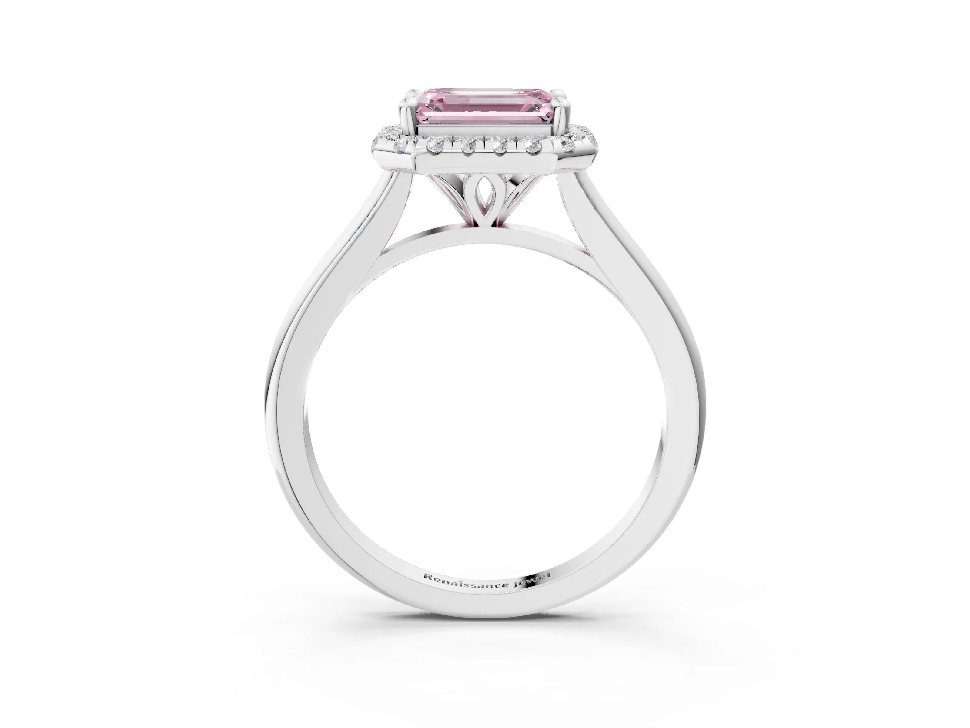 White gold Fancy Pink Emerald Cut Halo Round Diamond Solitaire Engagement Ring with Pave Band and Four-Prong Setting_27